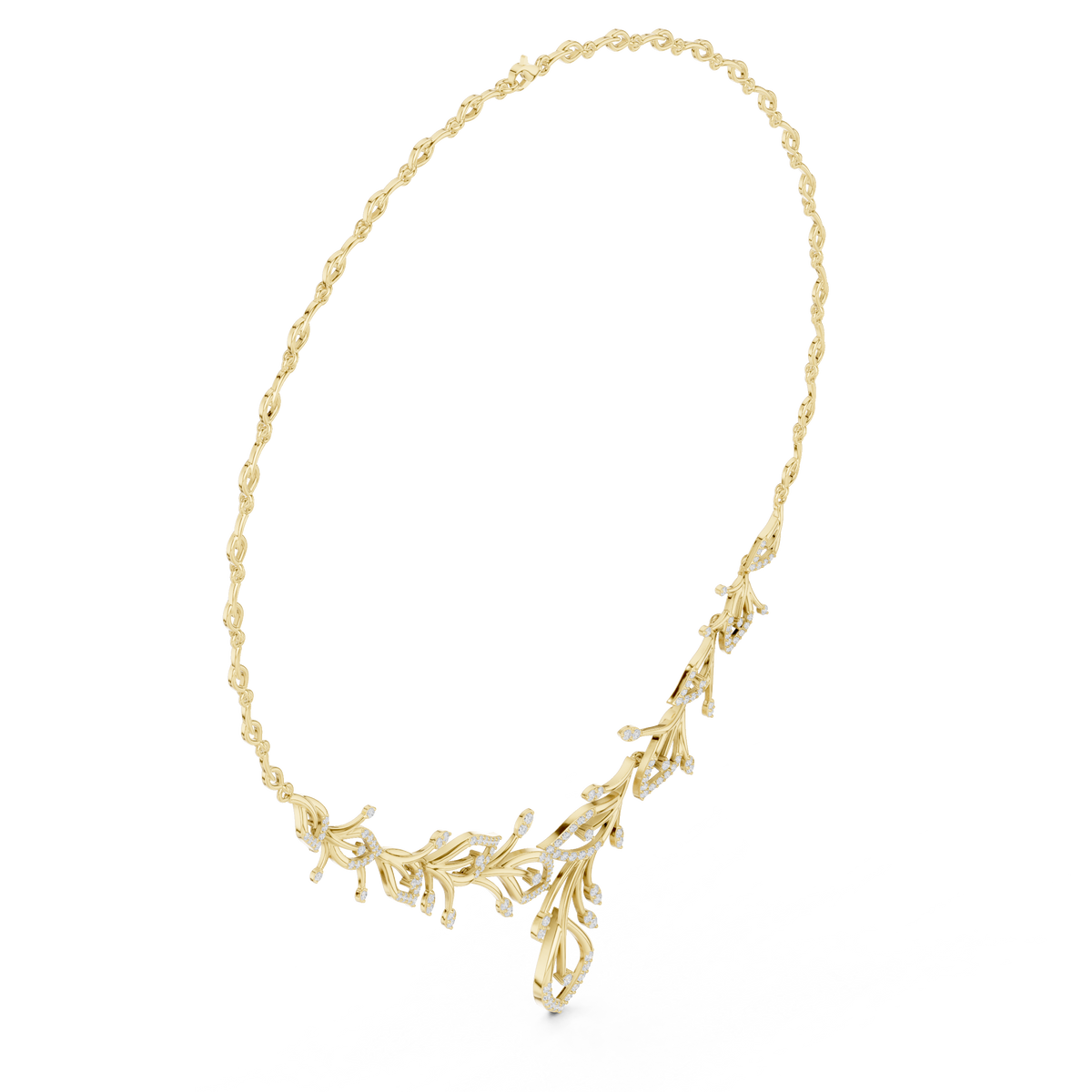 V-shape round diamond floral necklace with pear-drop motifs, yellow gold.