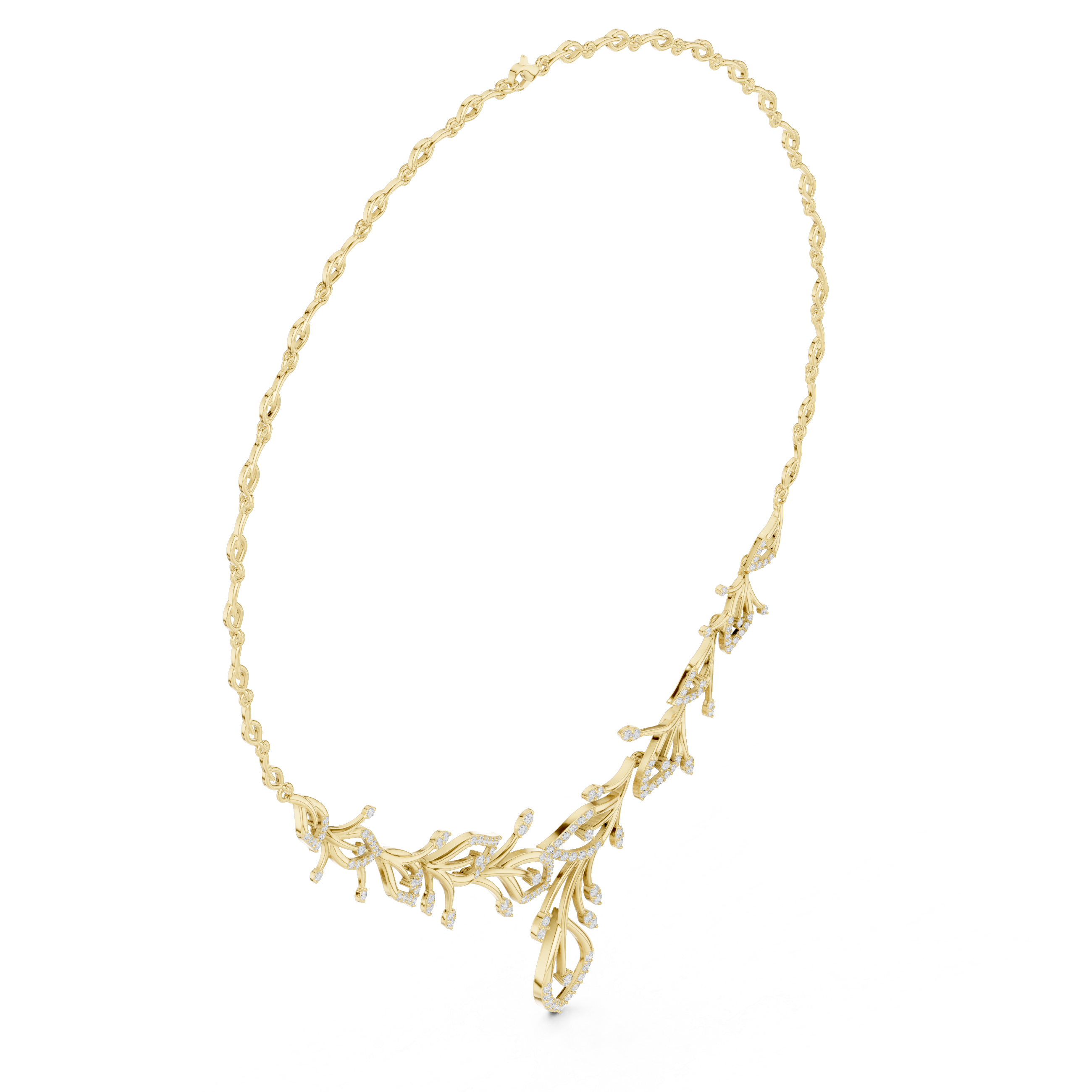 Diamond floral V-shaped necklace with round stones, gold-tone chain and V-shaped pendant