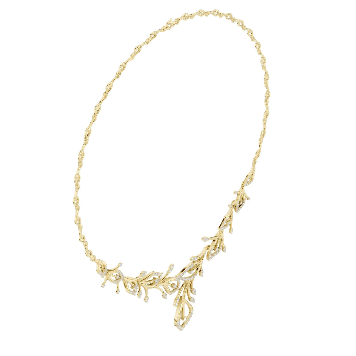 V-shape round diamond floral necklace with pear-drop motifs, yellow gold.