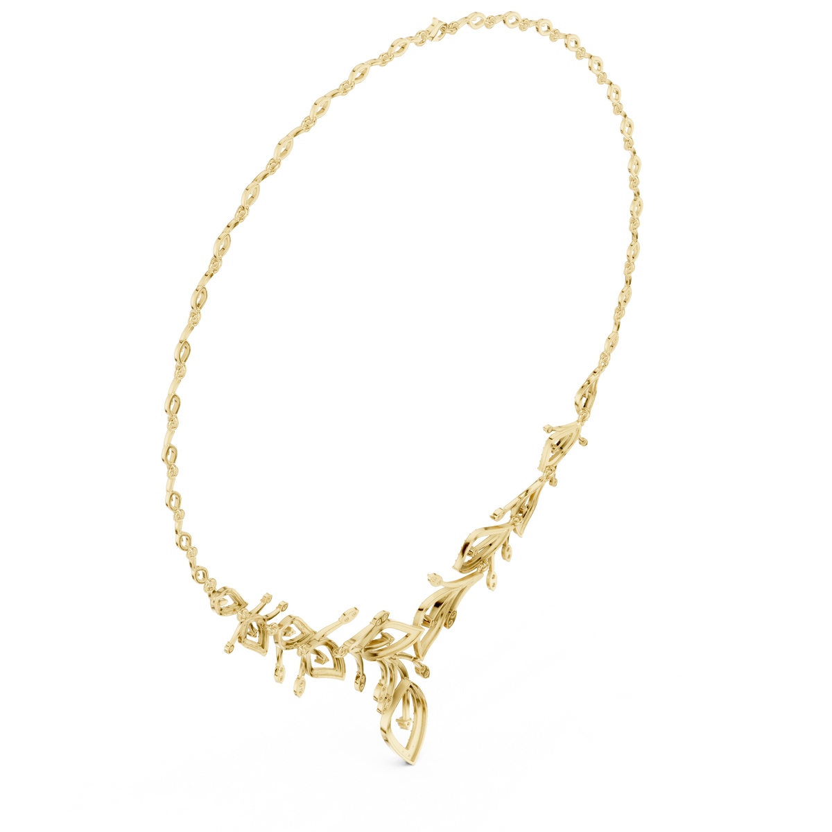 V-shape round diamond floral necklace with teardrop accents, yellow gold chain.