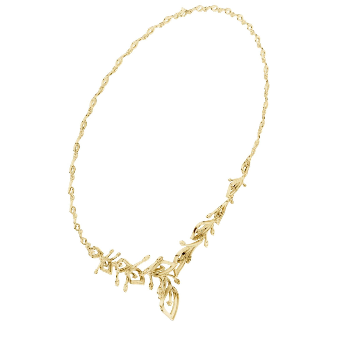 V-shape round diamond floral necklace with teardrop accents, yellow gold chain.