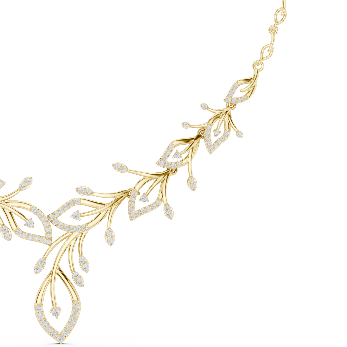 Floral V-shape diamond necklace detail with leaf-and-teardrop motifs, yellow gold.