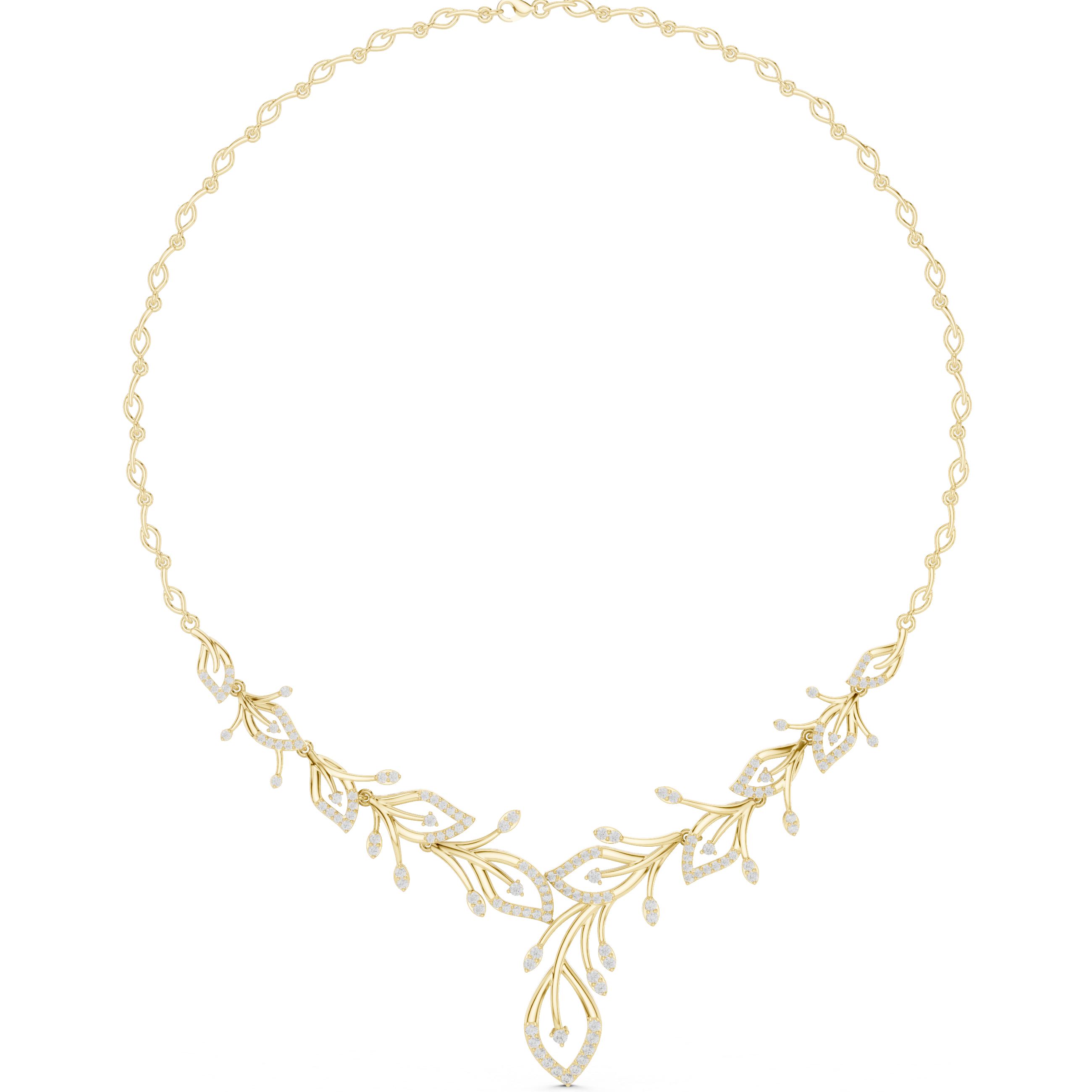 V-shape round diamond floral necklace with teardrop accents, yellow gold.