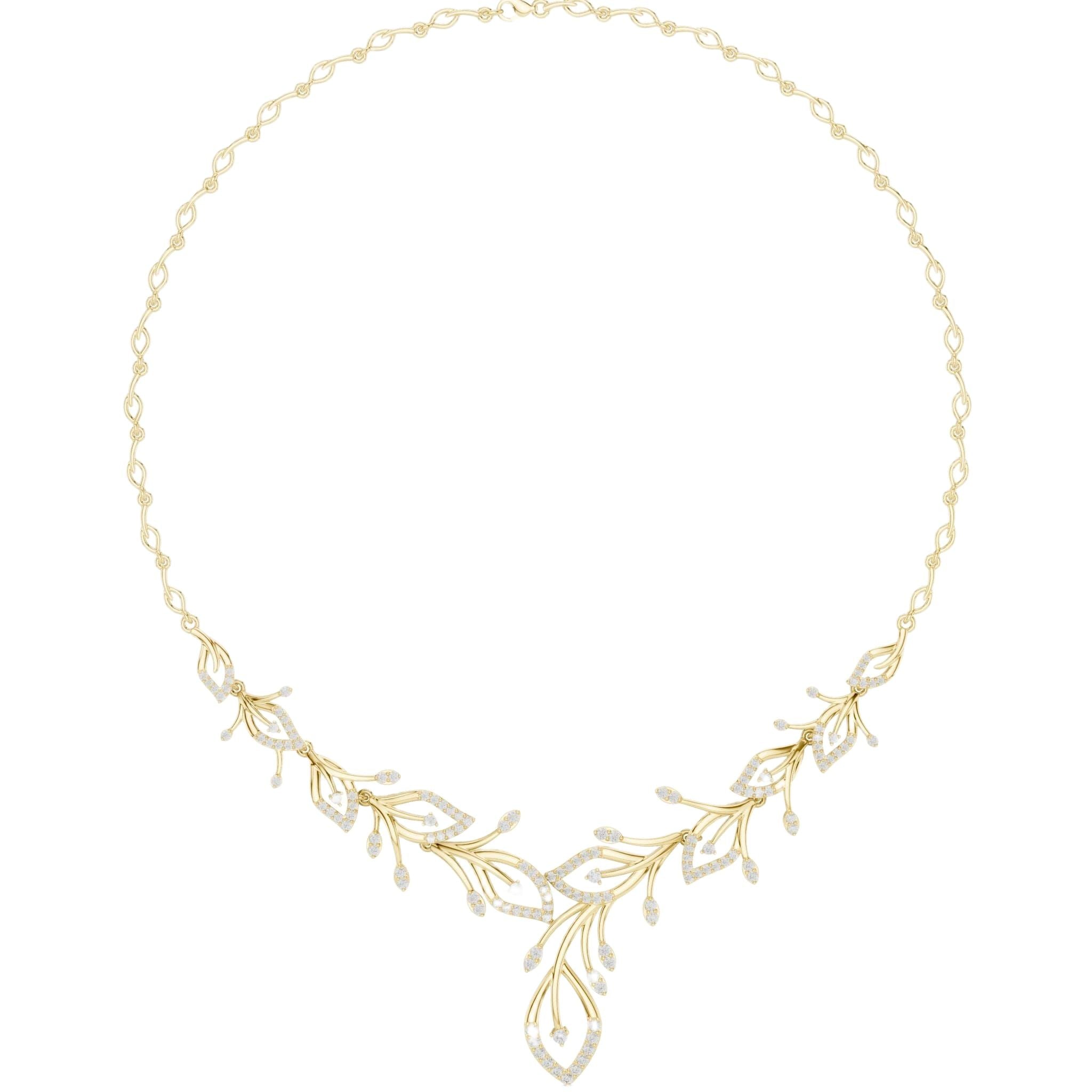 V-shape round diamond floral necklace with teardrop accents, yellow gold.