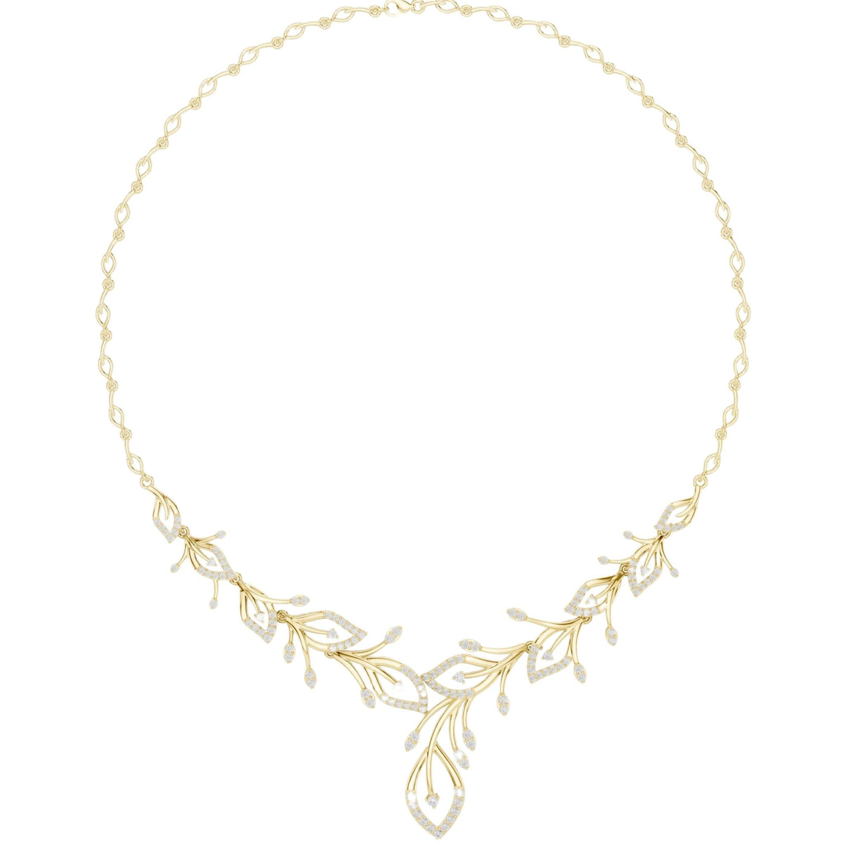 V-shape round diamond floral necklace with teardrop accents, yellow gold.