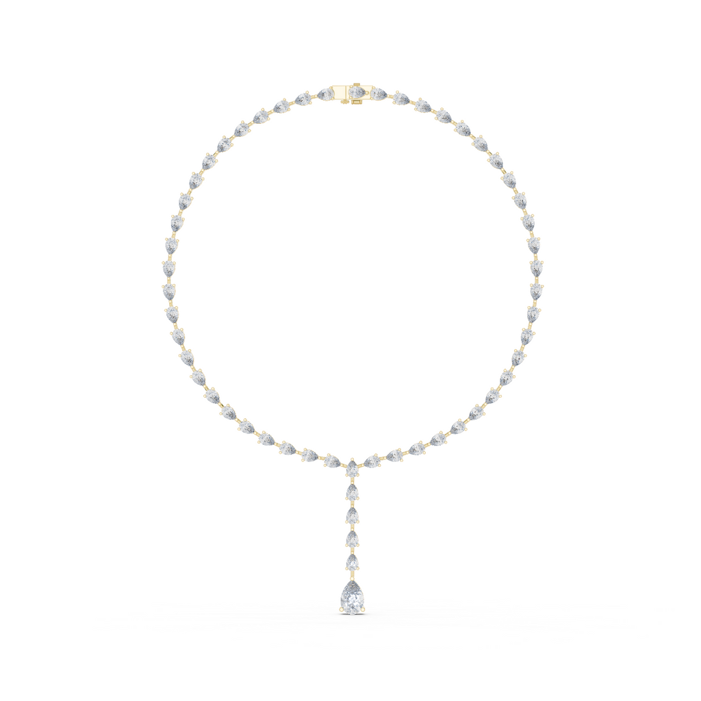 Pear diamond necklace in rose gold with pear-cut stones and dangling teardrop pendant