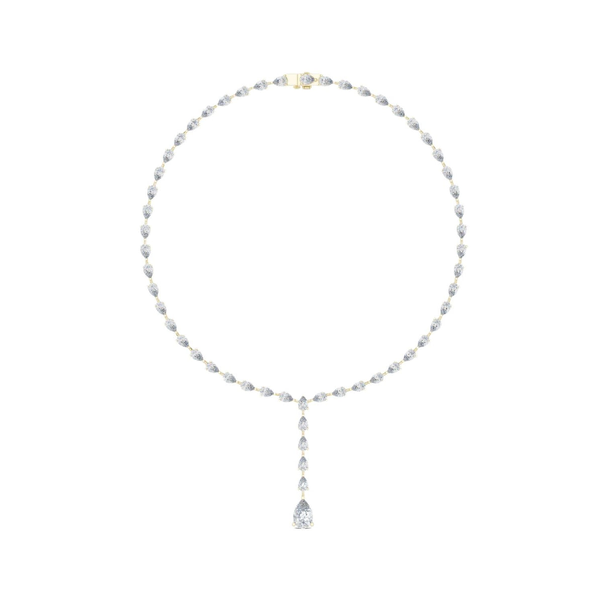 Pear diamond necklace in rose gold with pear-cut stones and dangling teardrop pendant