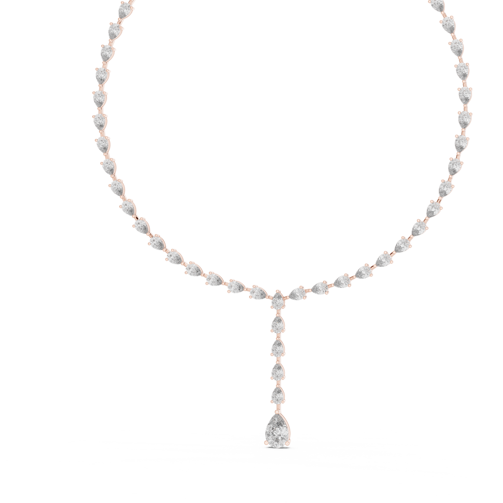Pear diamond necklace in rose gold with pear-cut stones and teardrop pendant, close view