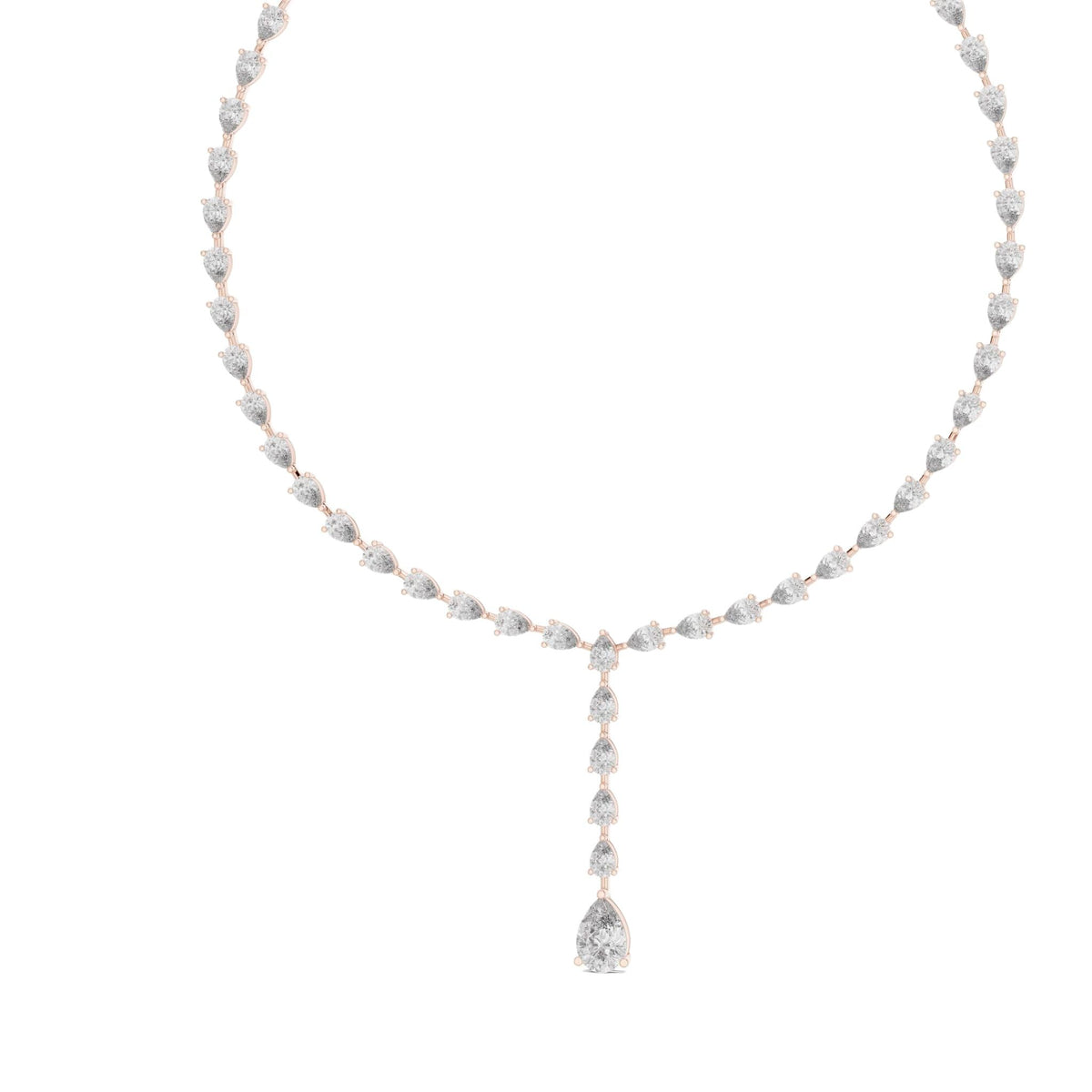 Pear diamond necklace in rose gold with pear-cut stones and teardrop pendant, close view