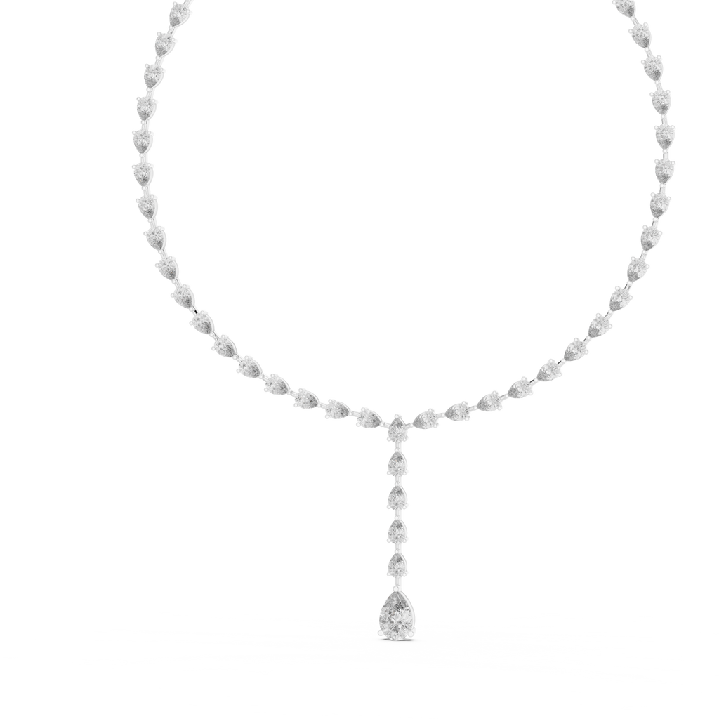 Pear diamond tennis necklace with central drop, white metal tone