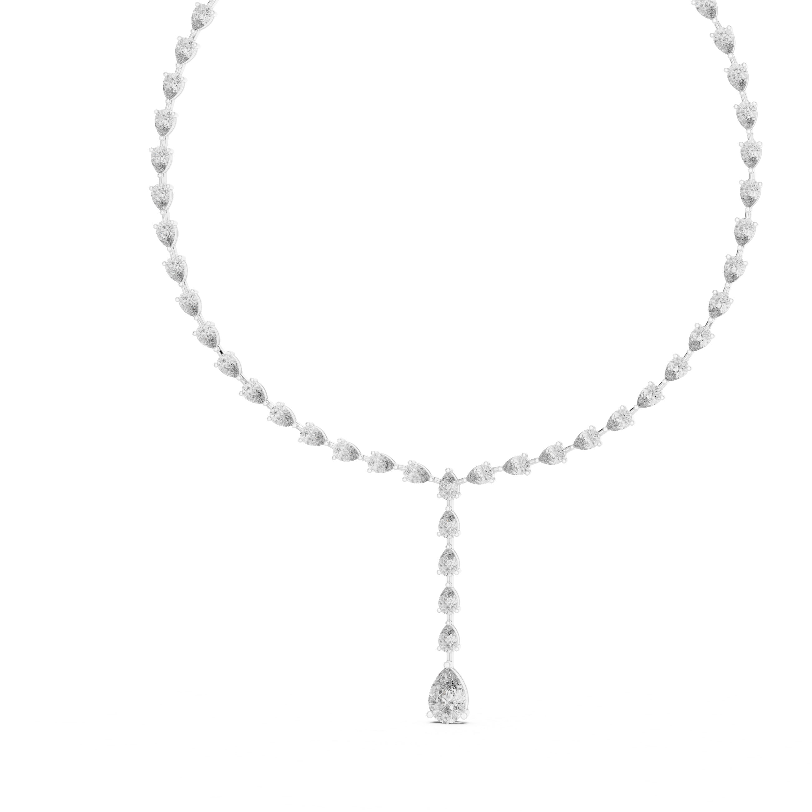 Pear diamond tennis necklace with central drop, white metal tone