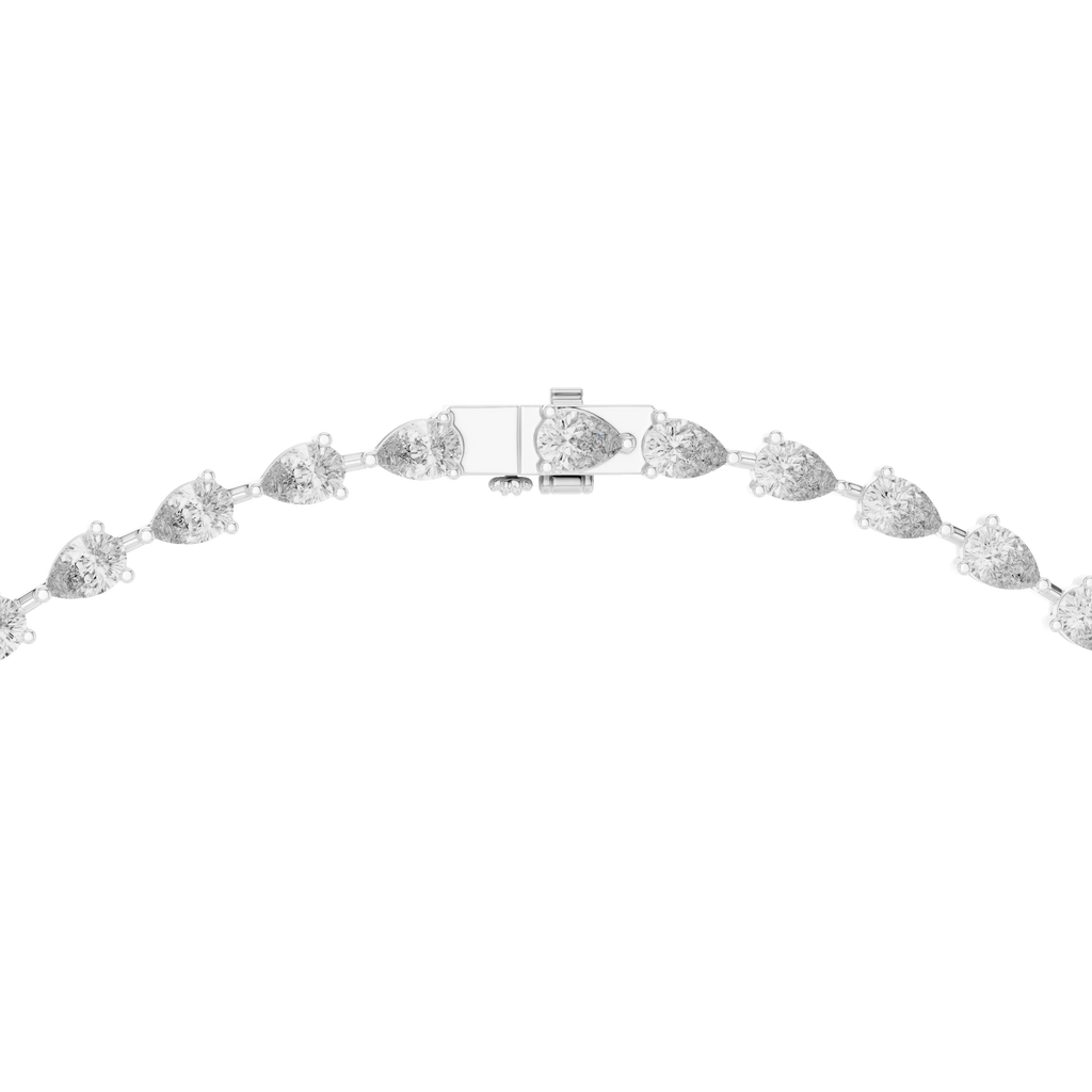 Pear diamond tennis necklace with bar clasp, white metal tone metal