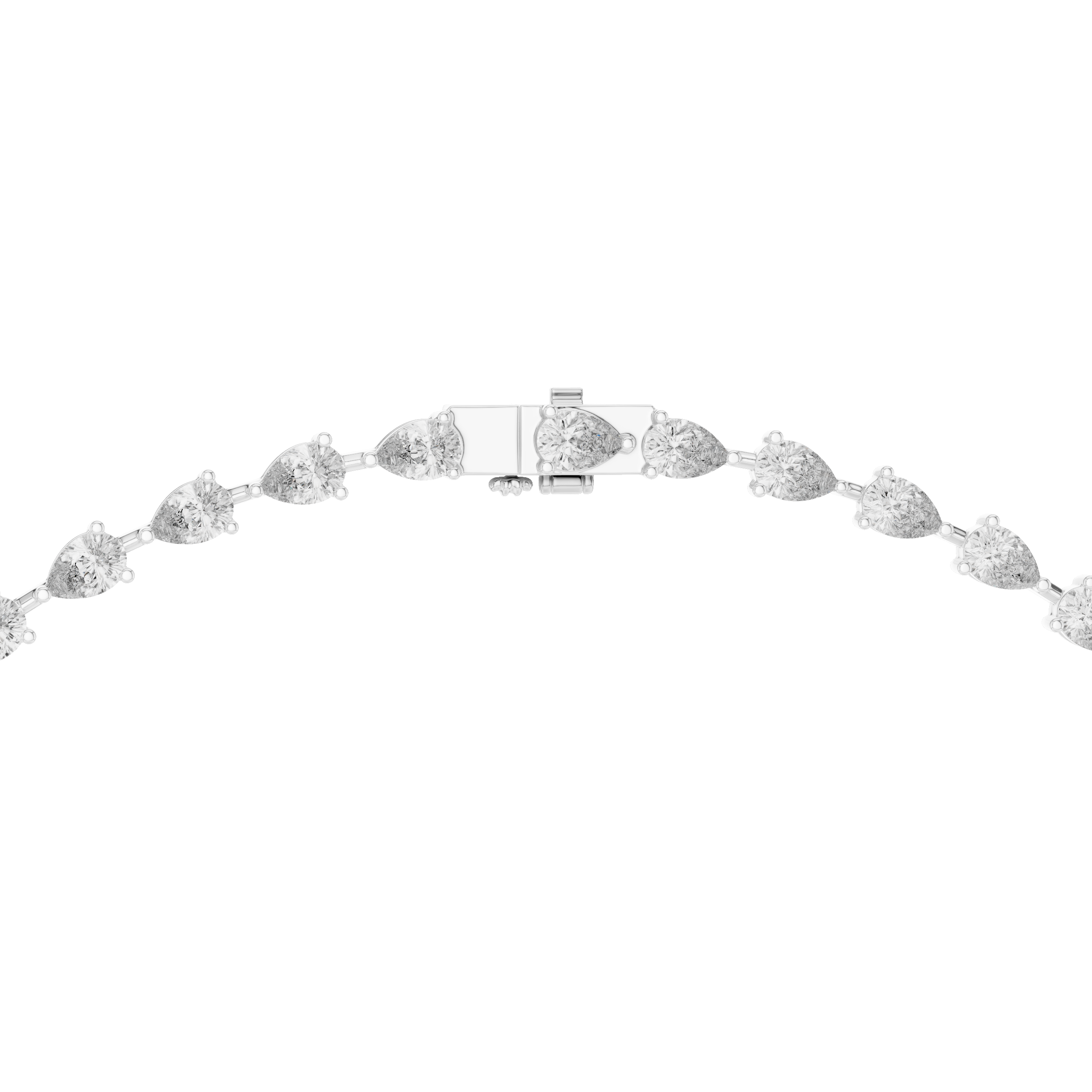 Pear diamond tennis necklace with bar clasp, white metal tone metal