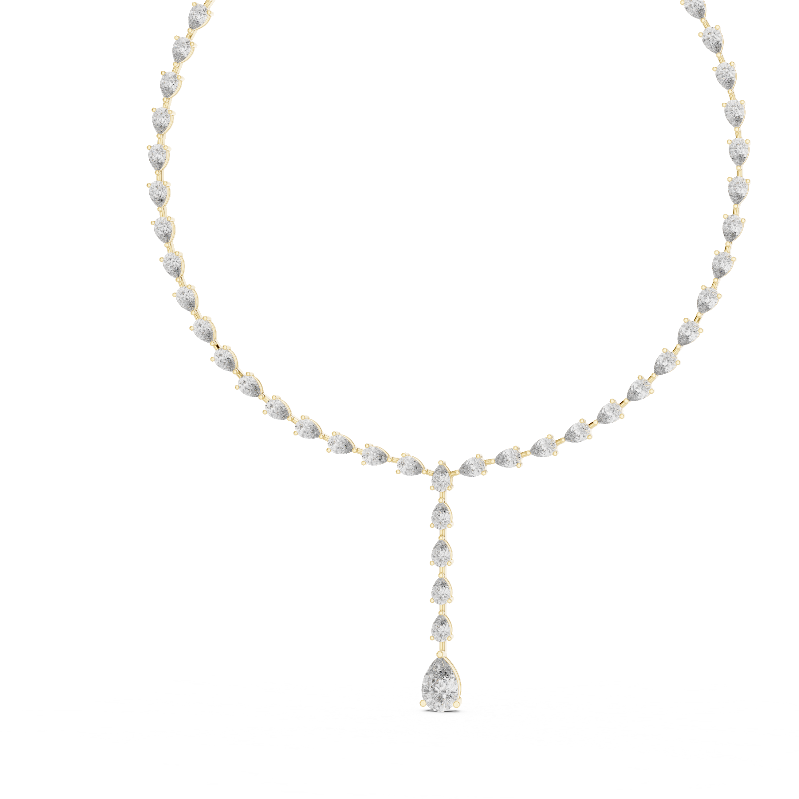 Pear diamond statement necklace with pear-cut stones and dangling pear drop, yellow gold