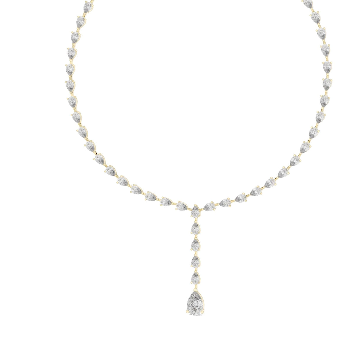 Pear diamond statement necklace with pear-cut stones and dangling pear drop, yellow gold