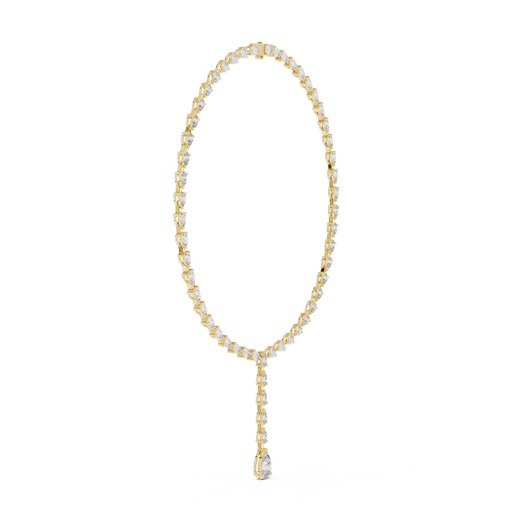 Pear diamond tennis necklace on stand, yellow-gold tone settings