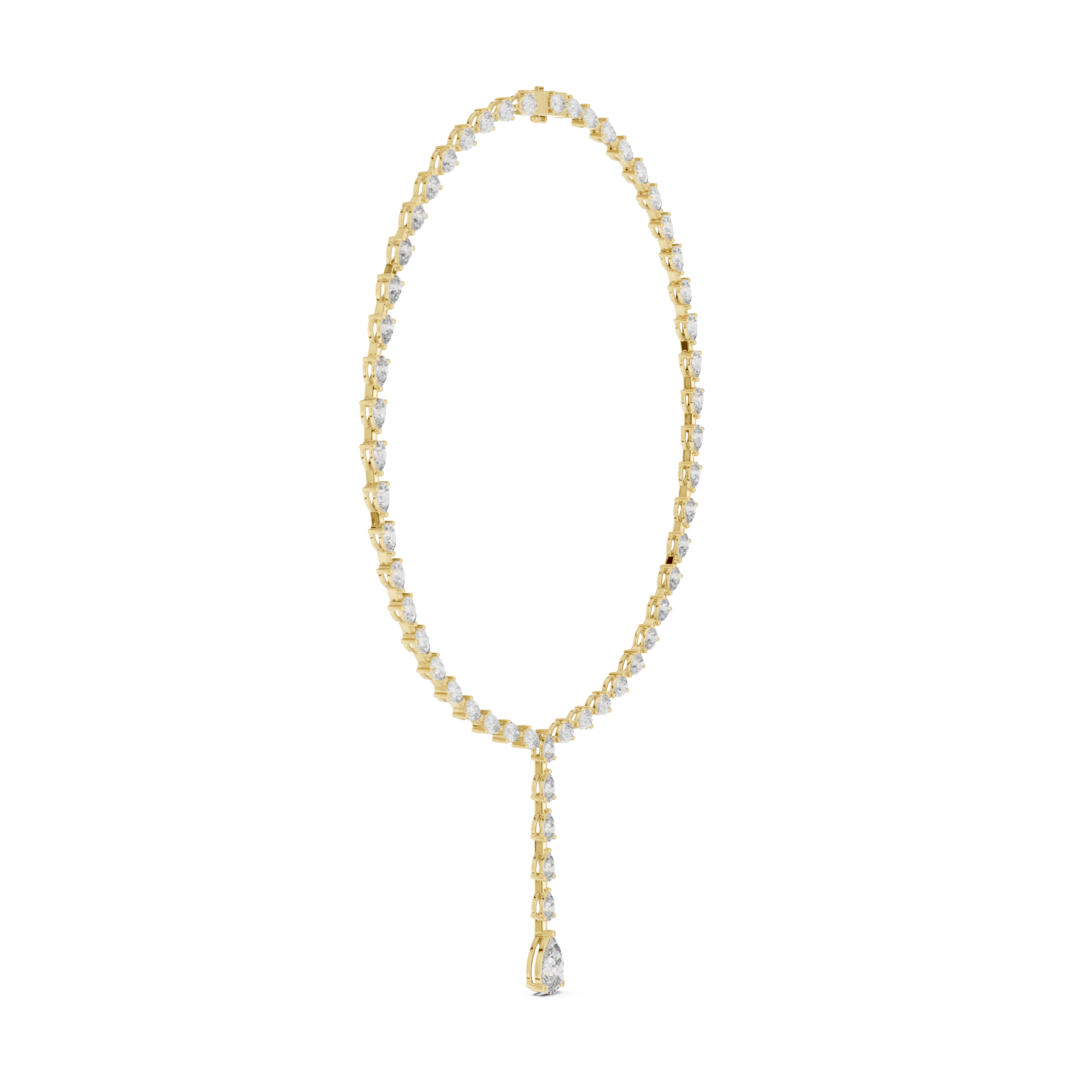 Pear diamond tennis necklace on stand, yellow-gold tone settings