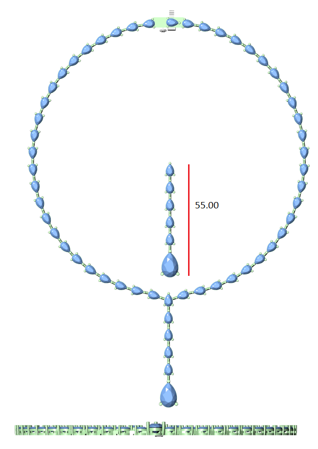 Pear diamond necklace with blue measurement overlay and teardrop pendant, shown on scale