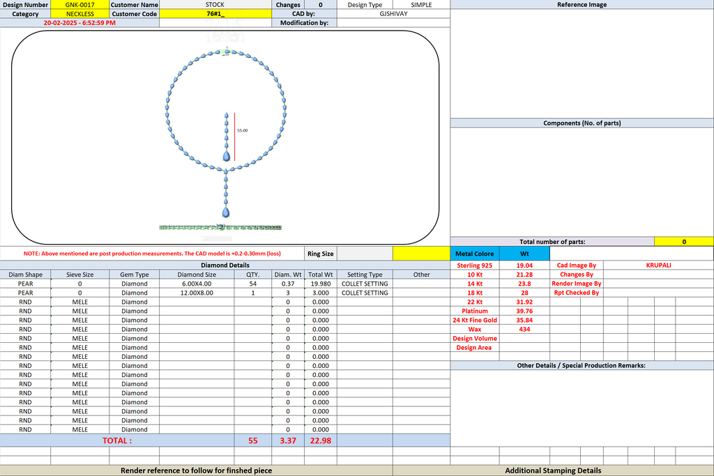 Jewelry design specification screenshot with necklace diagram, measurements, and component table