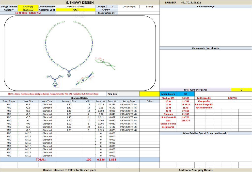 Necklace specification sheet with diamond and setting details