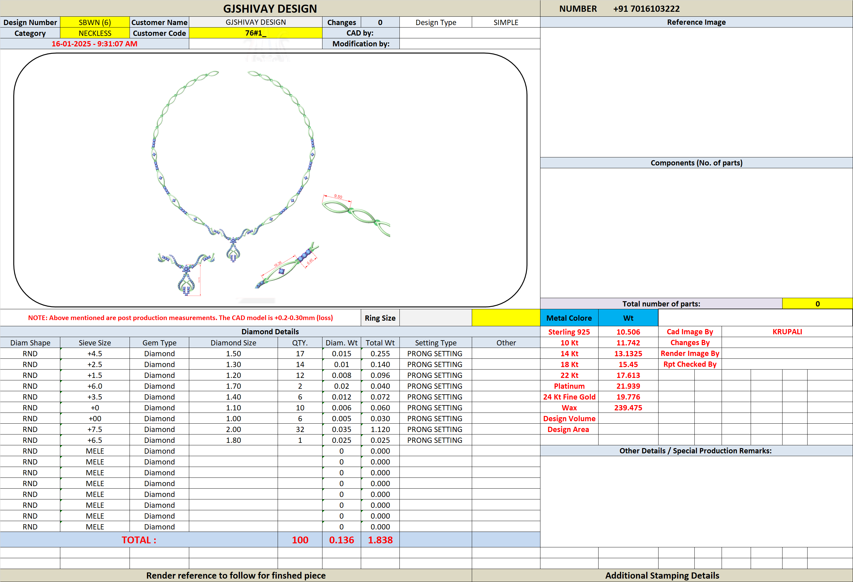 Necklace specification sheet with diamond and setting details