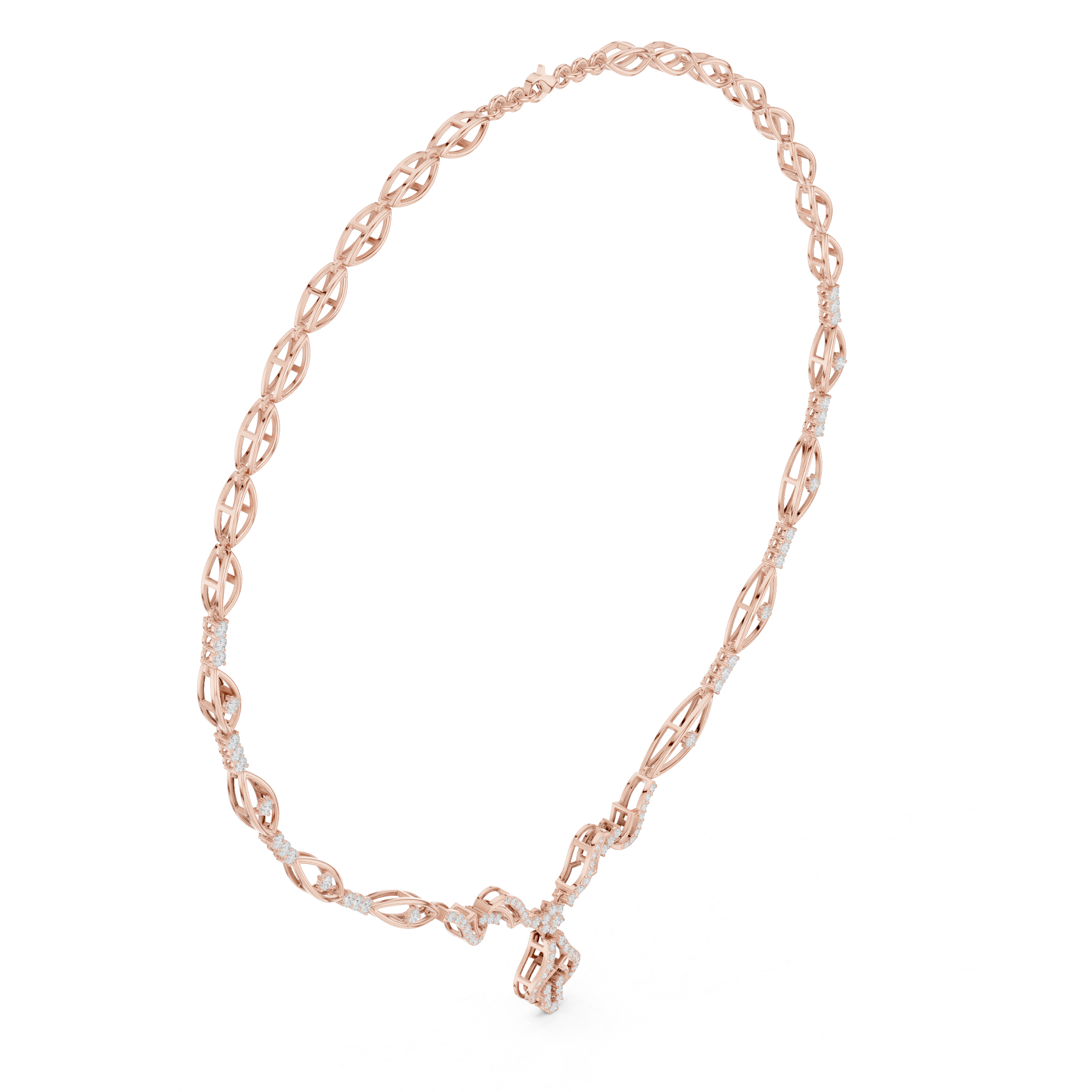 Rose gold diamond oval-link necklace with floral cluster pendant