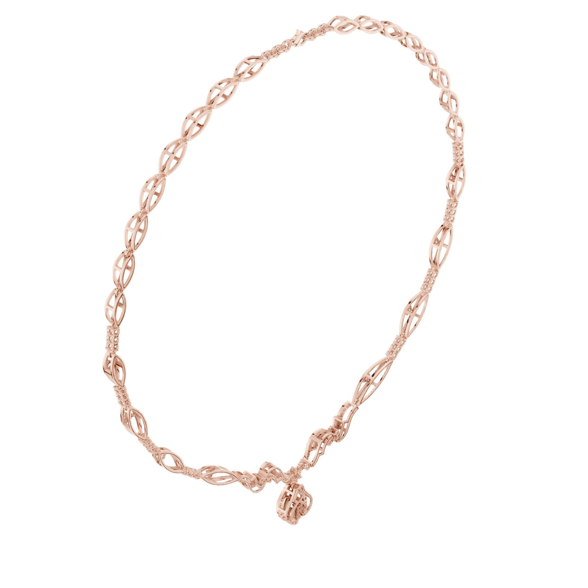 Rose gold diamond oval-link necklace with floral cluster pendant, close view