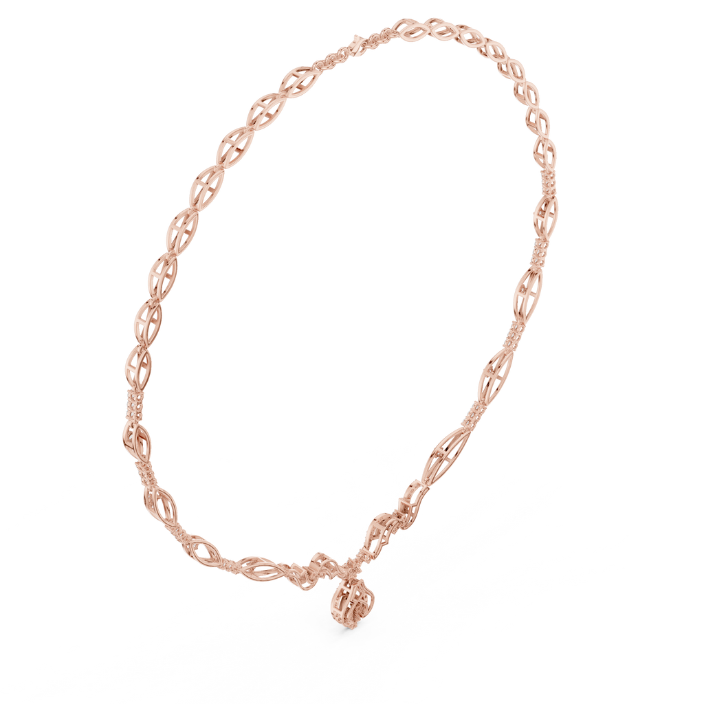 Rose gold diamond oval-link necklace with floral cluster pendant, close view