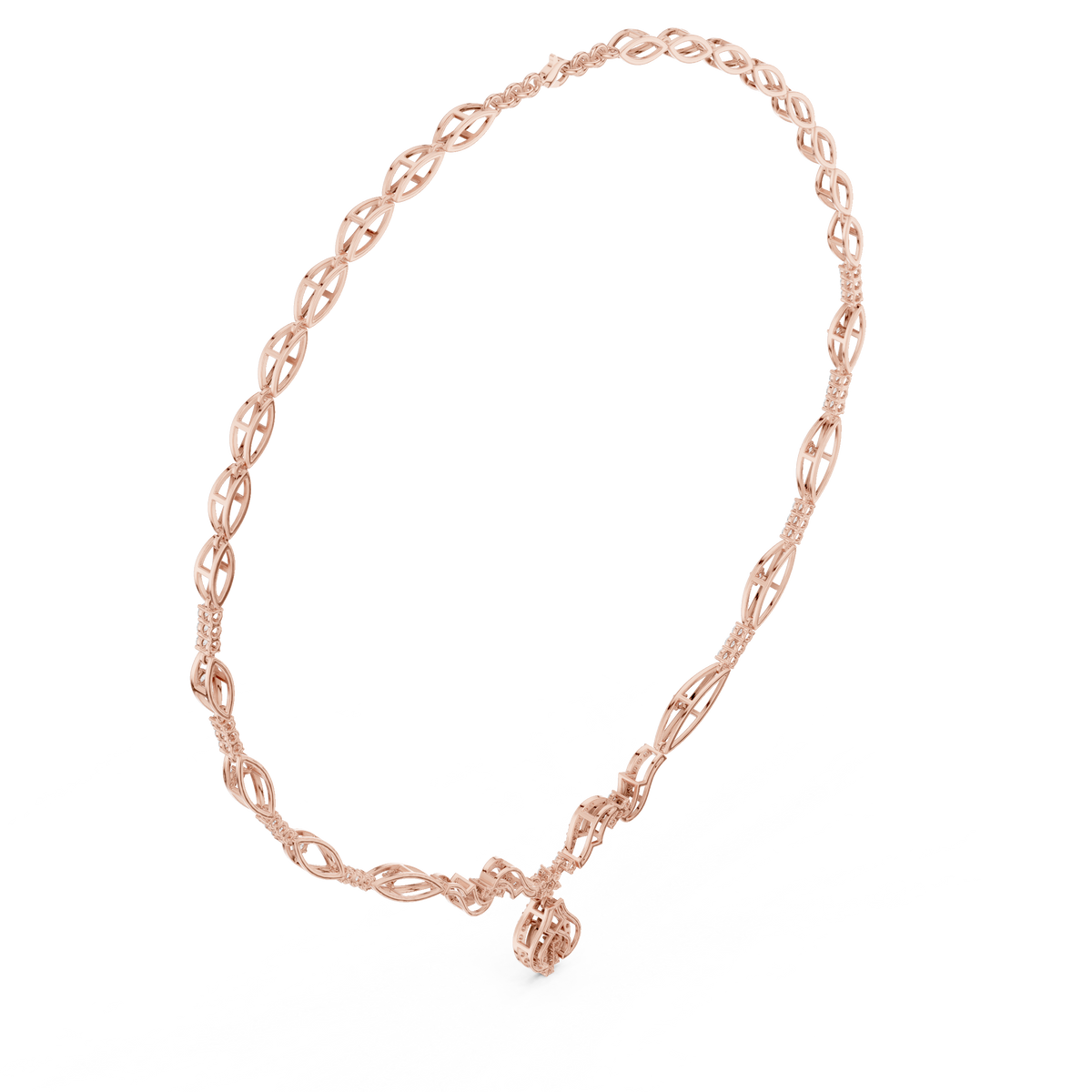 Rose gold diamond oval-link necklace with floral cluster pendant, close view