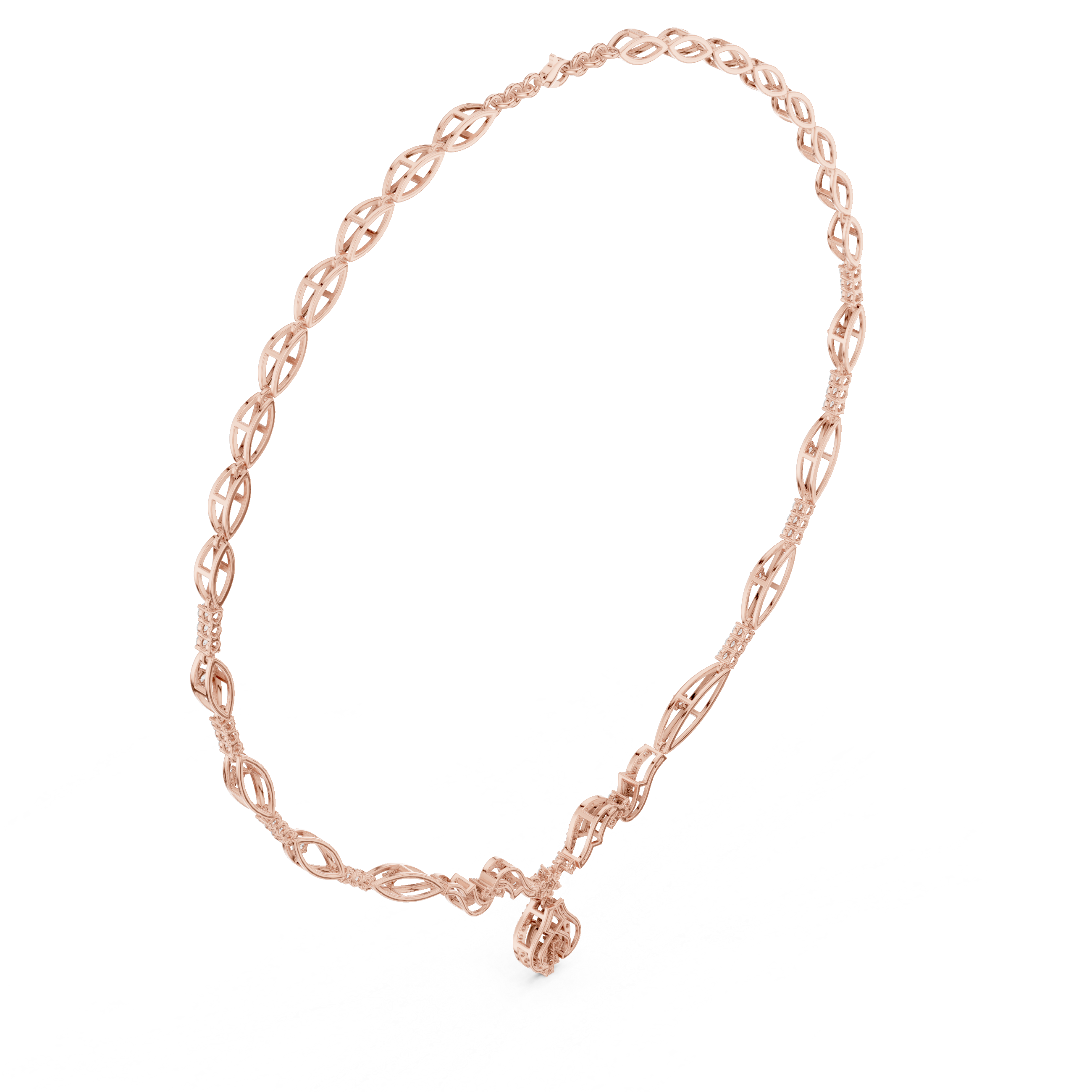 Rose gold diamond oval-link necklace with floral cluster pendant, close view