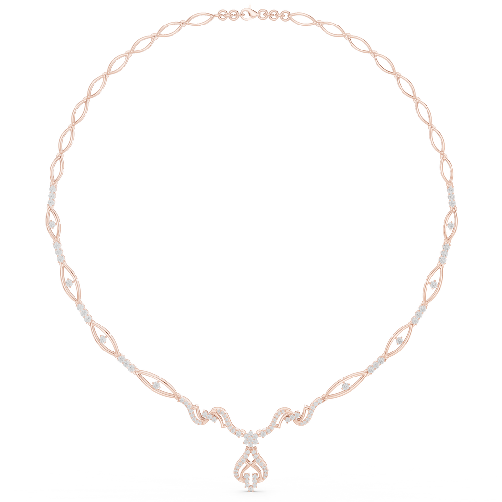 Rose gold diamond oval-link necklace with floral cluster pendant, front view