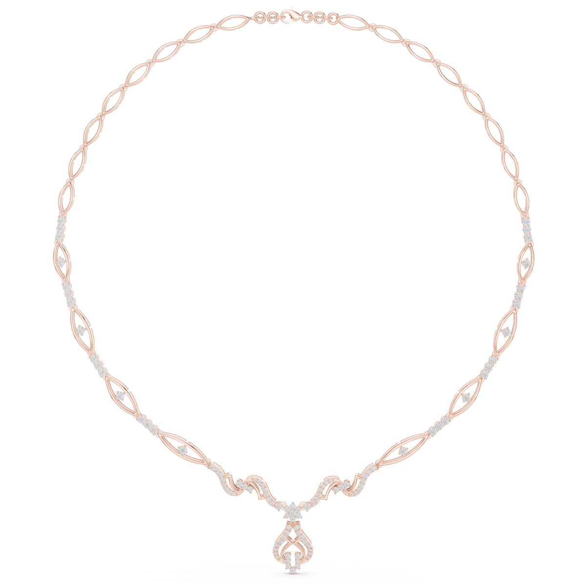 Rose gold diamond oval-link necklace with floral cluster pendant, front view
