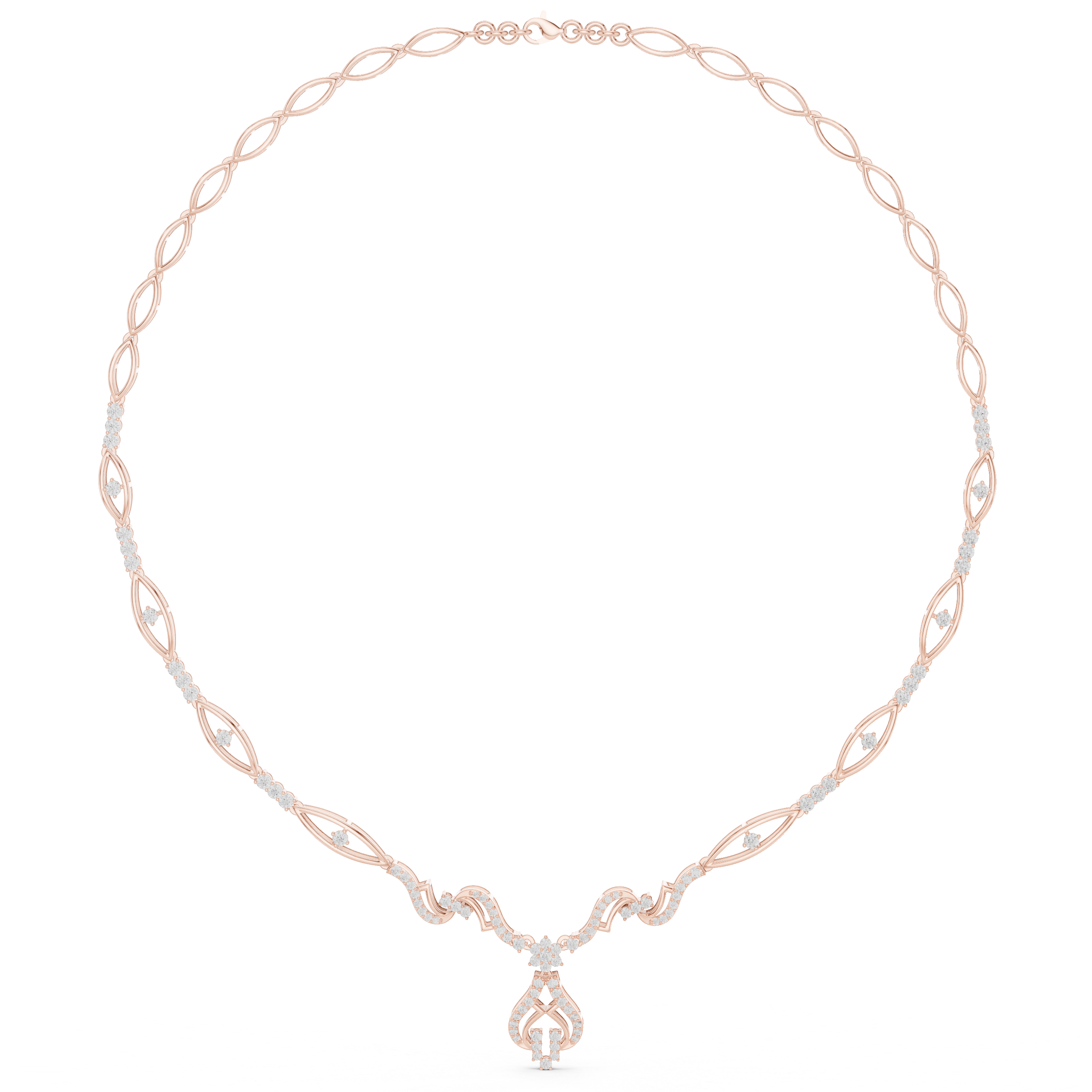 Rose gold diamond oval-link necklace with floral cluster pendant, front view