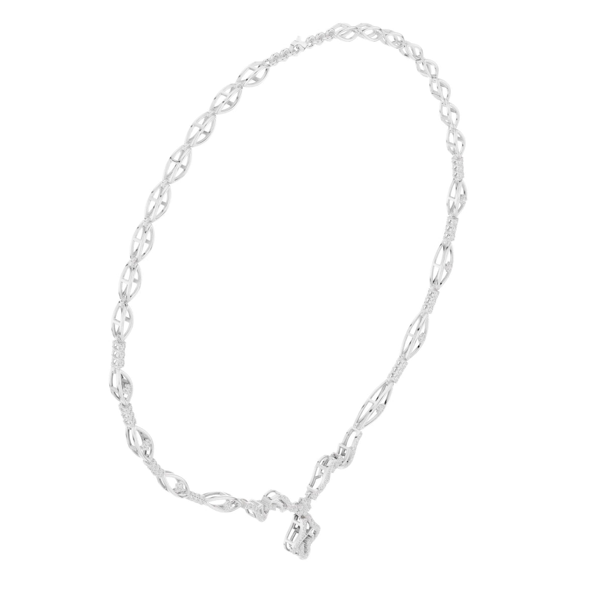 White gold diamond oval-link necklace with floral cluster pendant, close view