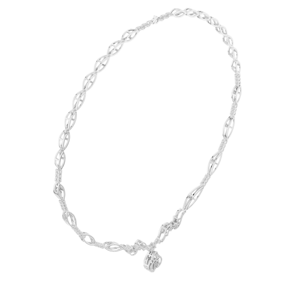 Floral diamond statement necklace in white metal, oval link chain with flower pendant
