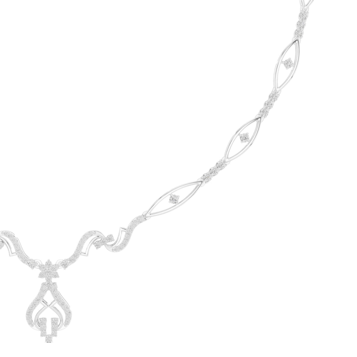 Floral diamond statement necklace in white metal, side view oval links and flower pendant