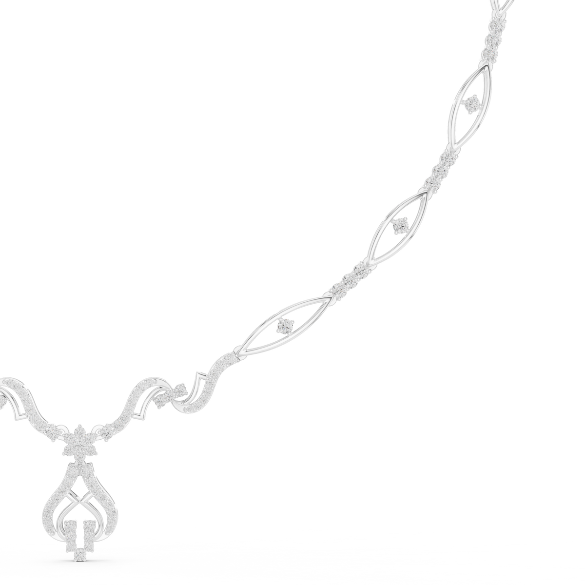 Floral diamond statement necklace in white metal, side view oval links and flower pendant