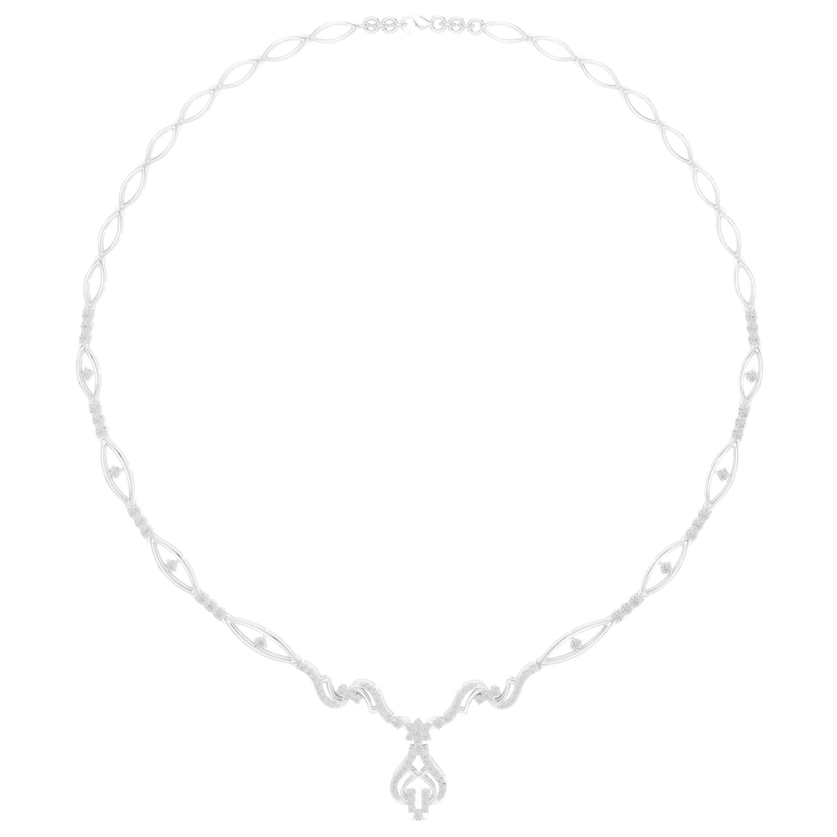 Floral diamond statement necklace in white metal, centered flower pendant on oval link chain