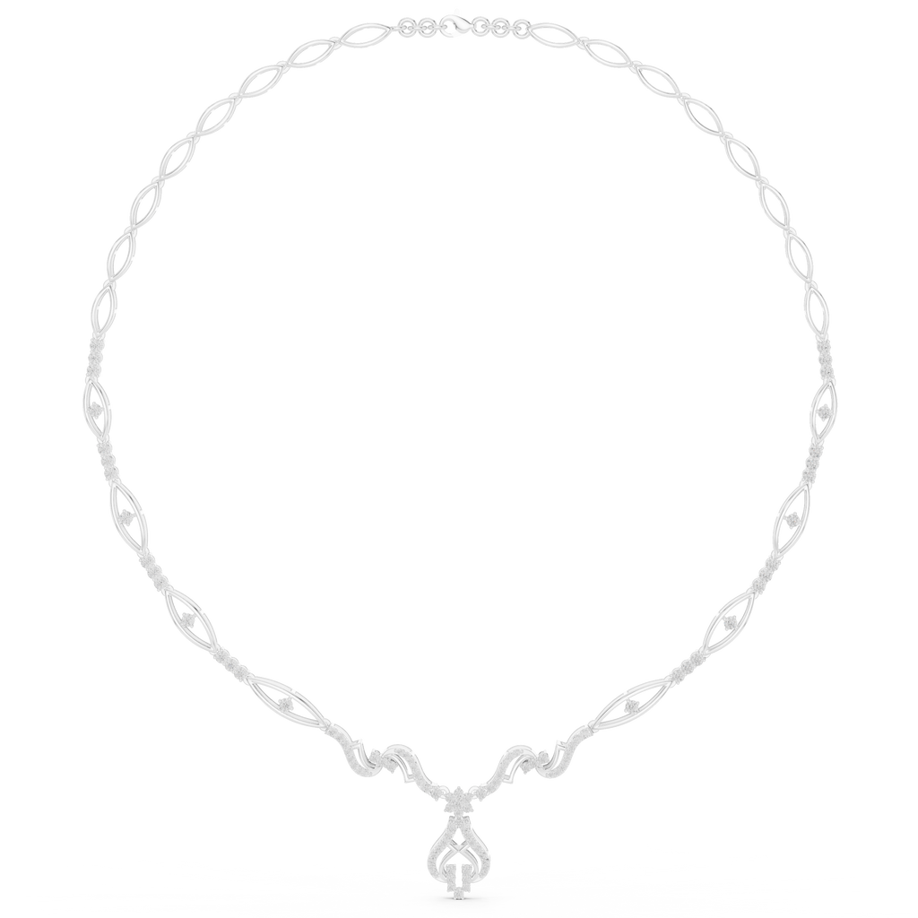 Floral diamond statement necklace in white metal, centered flower pendant on oval link chain