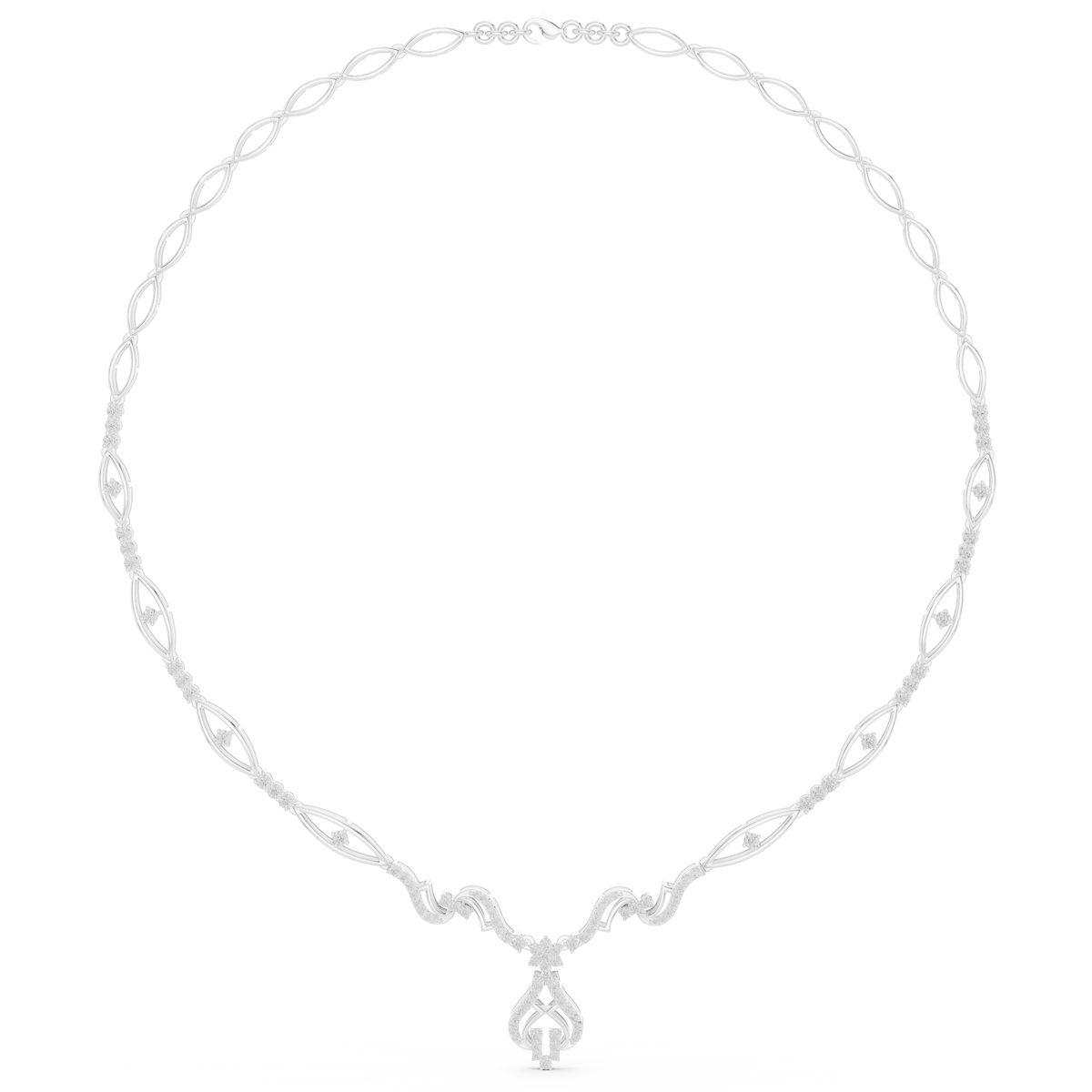 Floral diamond statement necklace in white metal, centered flower pendant on oval link chain