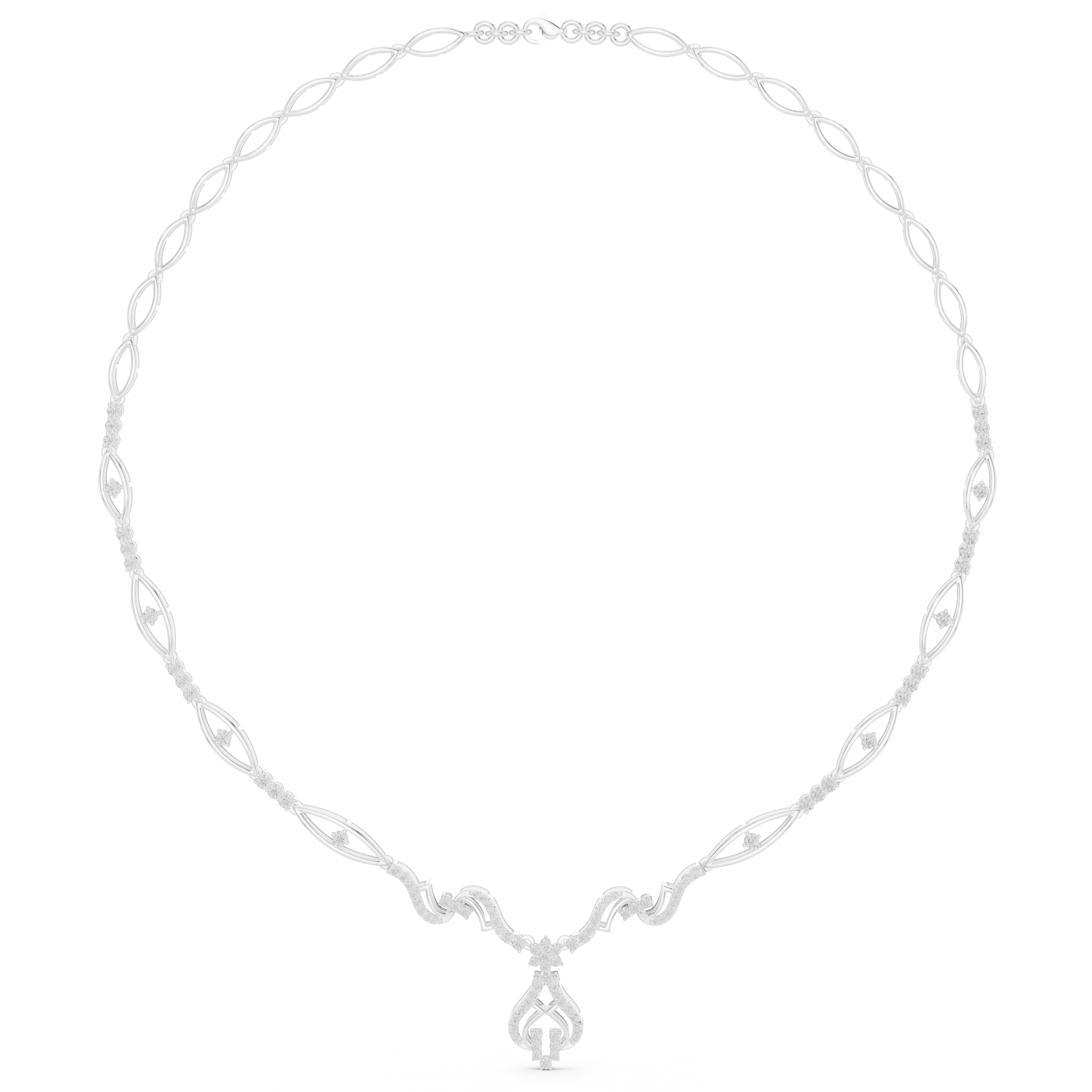 Floral diamond statement necklace in white metal, centered flower pendant on oval link chain