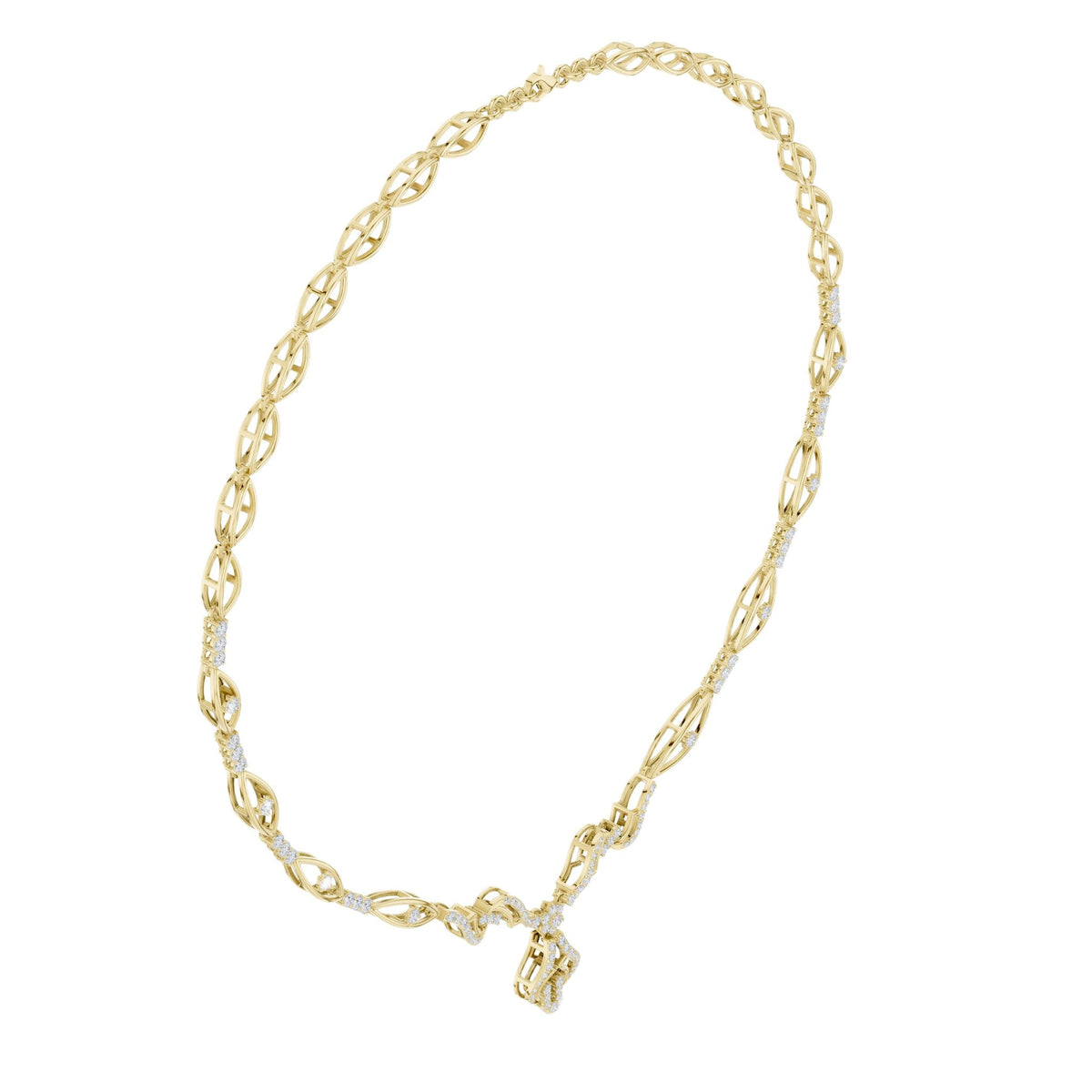 Yellow gold diamond statement necklace with oval link chain and floral pendant
