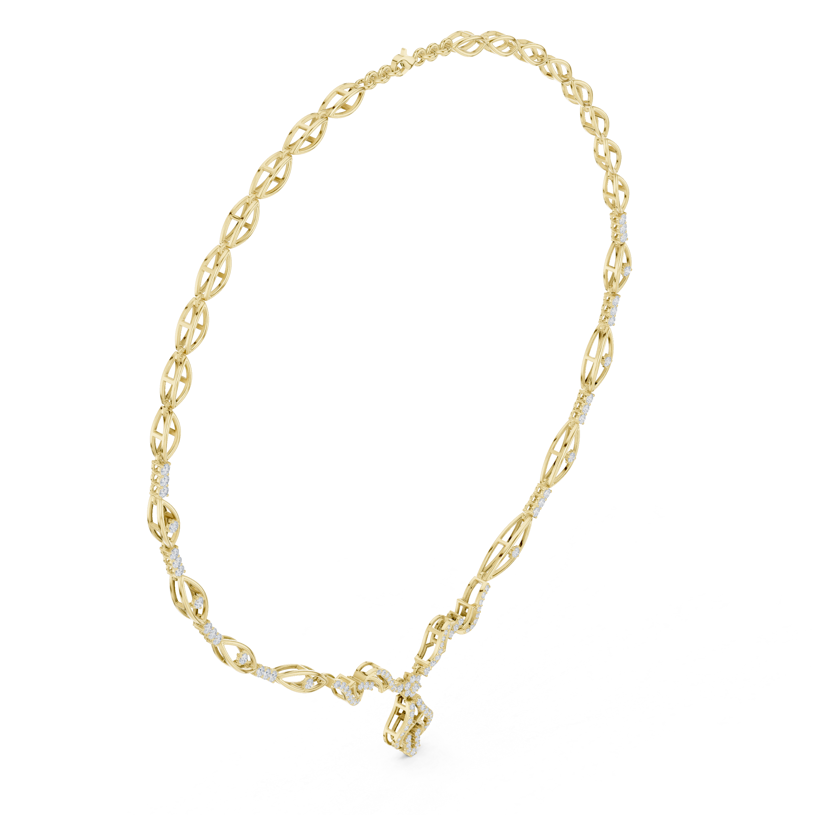 Floral diamond statement necklace in yellow metal, oval link chain with flower pendant
