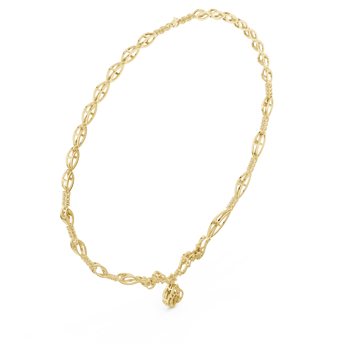 Yellow gold diamond necklace with oval link chain and central floral pendant