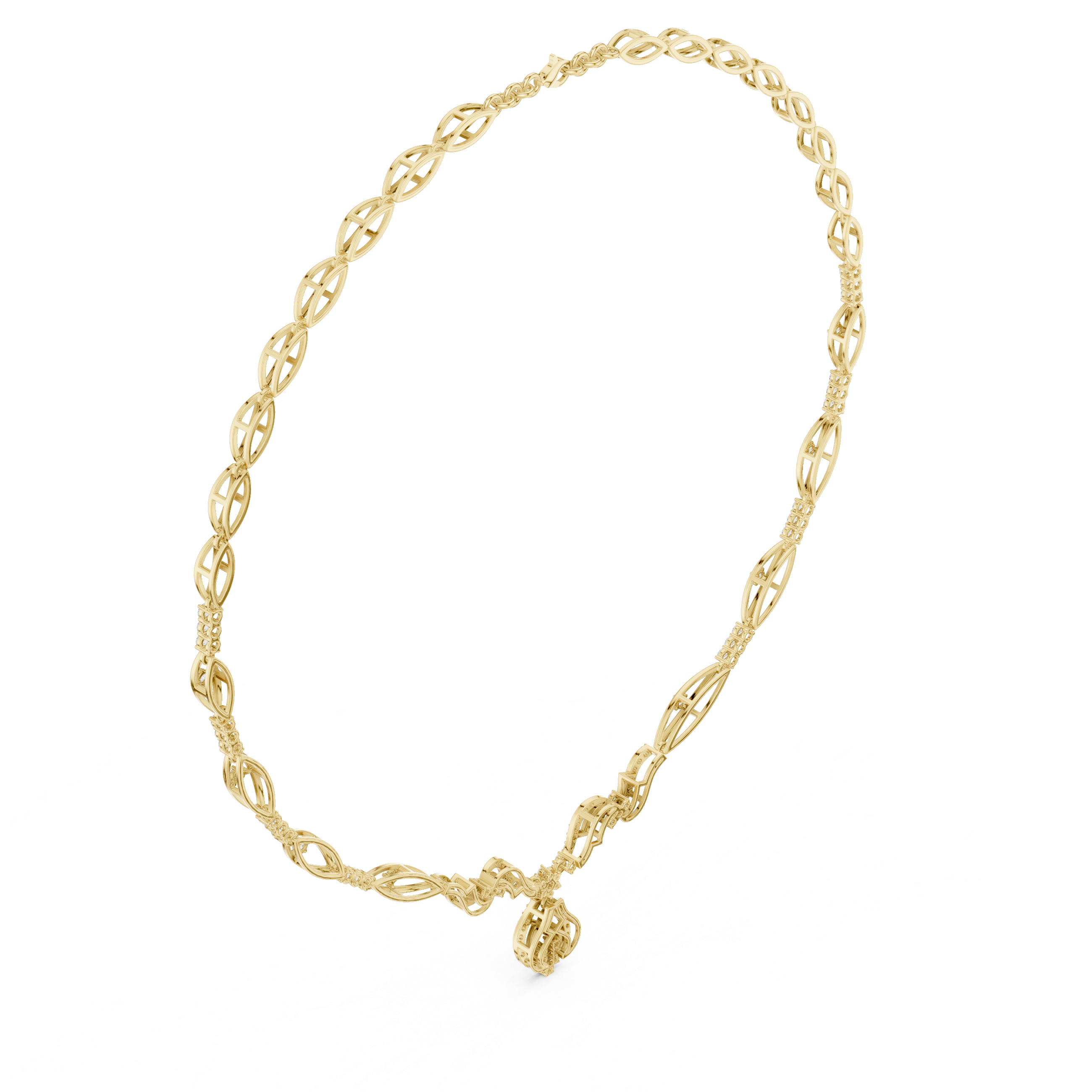 Floral diamond statement necklace in yellow metal, angled view oval links and flower pendant