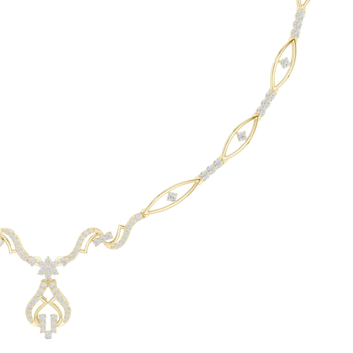 Yellow gold diamond necklace with oval links and floral drop pendant detail