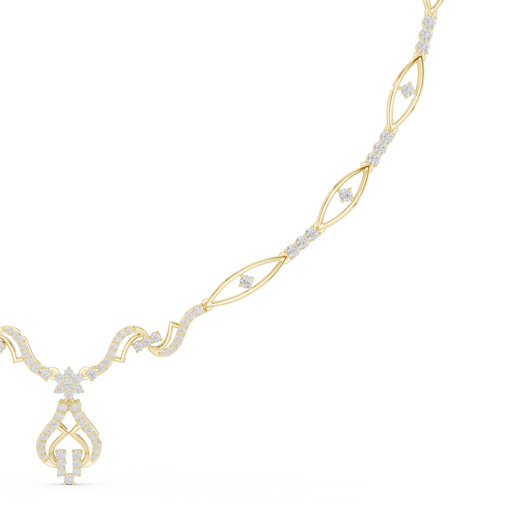 Floral diamond statement necklace in yellow metal, close side view with flower pendant