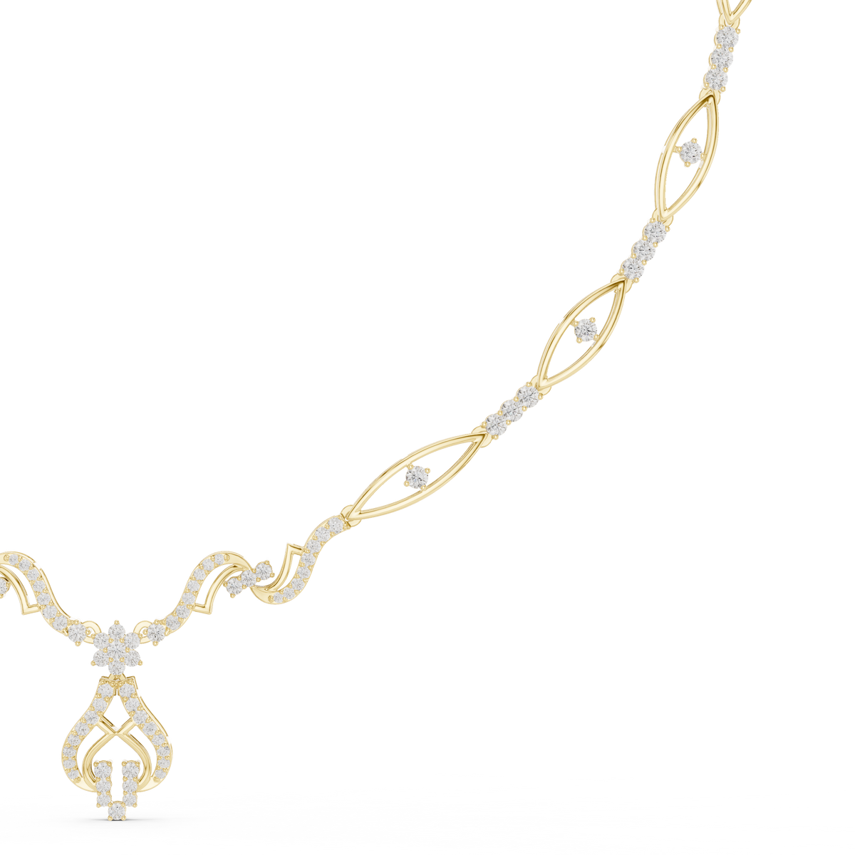 Yellow gold diamond necklace with oval links and floral drop pendant detail