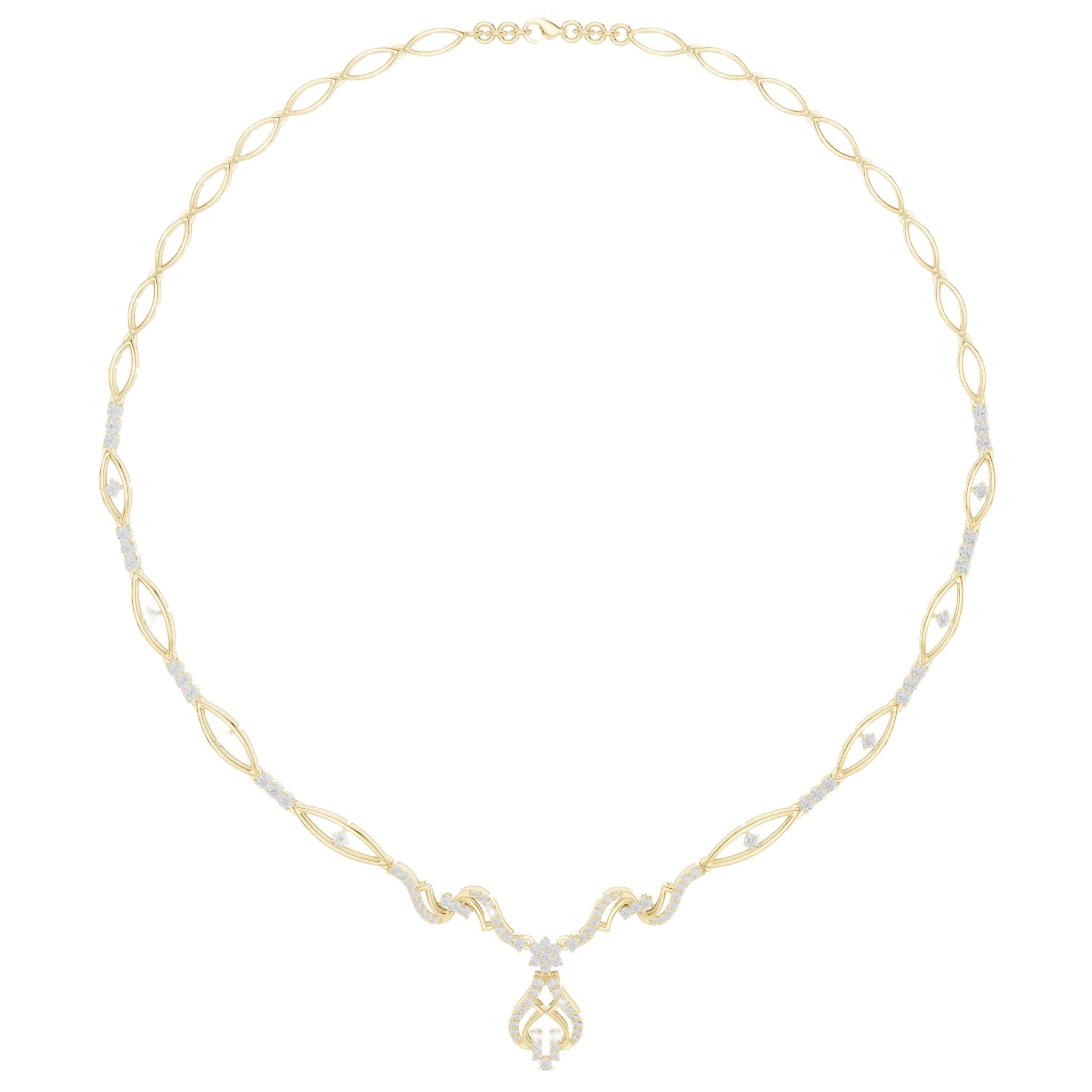 Yellow gold floral diamond statement necklace with oval link chain and teardrop pendant