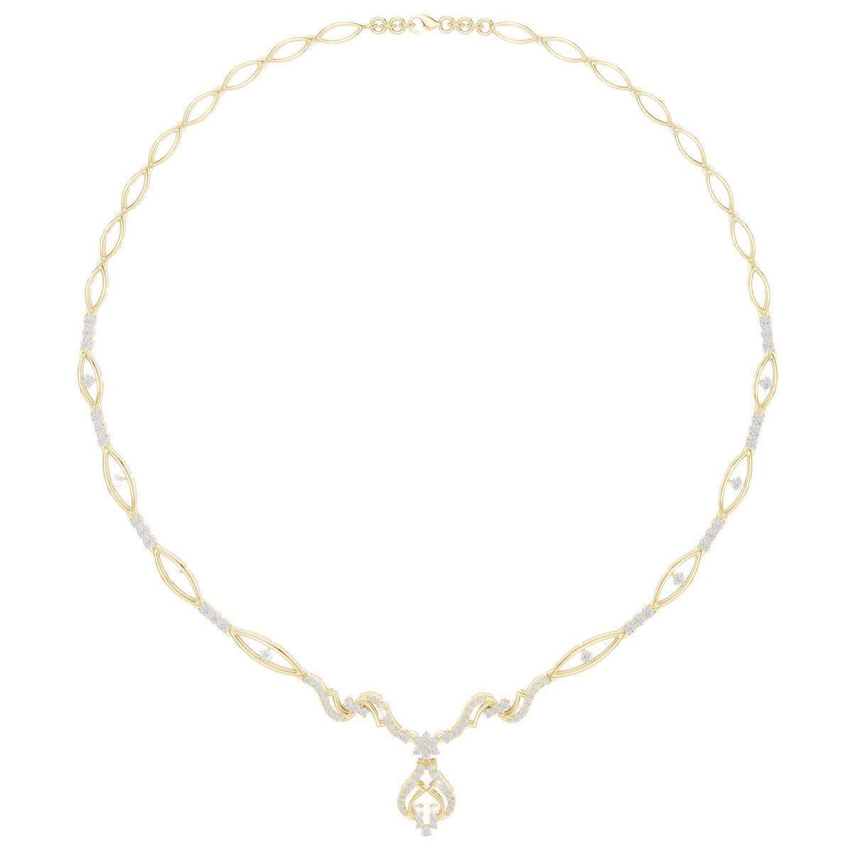 Yellow gold floral diamond statement necklace with oval link chain and teardrop pendant